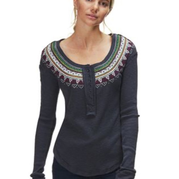 We The Free Dark Gray Long Sleeve Top with Multicolor Accents - Picture 1 of 8